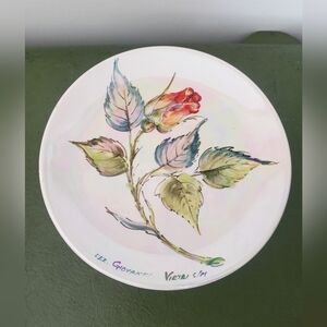 Rare Signed Italian Giovanni Vietri S/m Floral Rose Plate with Iridesent Glaze